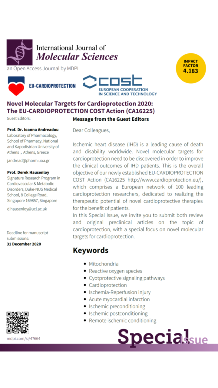 [IJMS] Special Issue “Novel Molecular Targets for Cardioprotection 2020: The EU-CARDIOPROTECTION COST Action (CA16225)